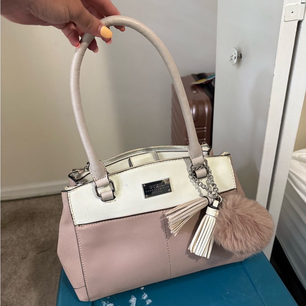Guess pink and white hand bag with fur pom pom
